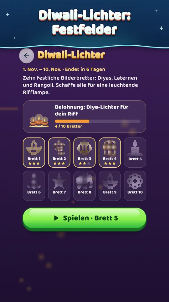 Diwali-Lichter: Festfelder – 10 Festfelder, 1.–10. Nov., und eine Diya