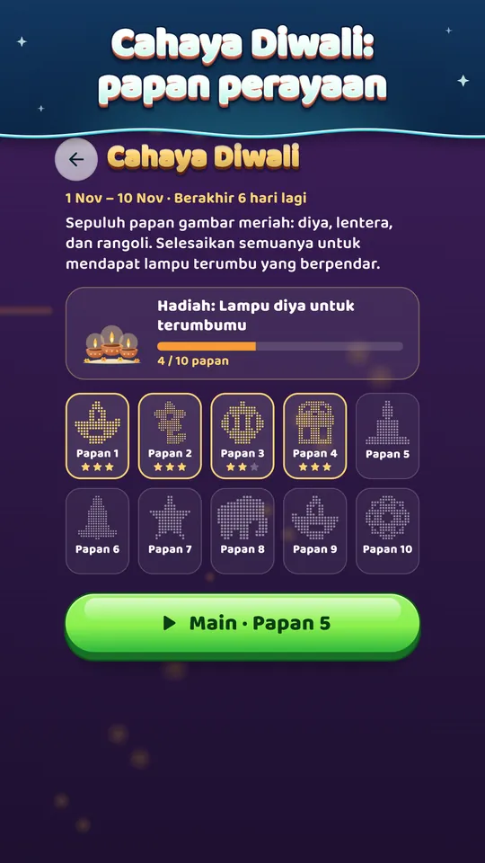 Cahaya Diwali: papan perayaan – 10 papan perayaan, 1-10 Nov, dan diya yang menyala