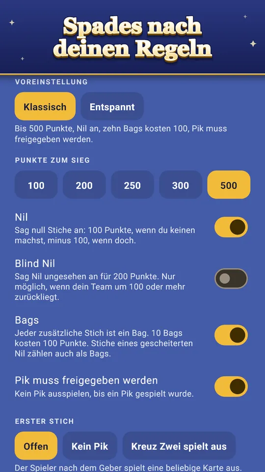 Spades nach deinen Regeln – Nil, Bags, Joker und mehr Regeln