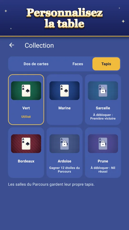 Personnalisez la table – Dos de cartes, faces et tapis