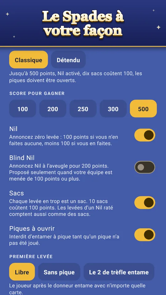 Le Spades à votre façon – Nil, sacs, jokers et plus de règles
