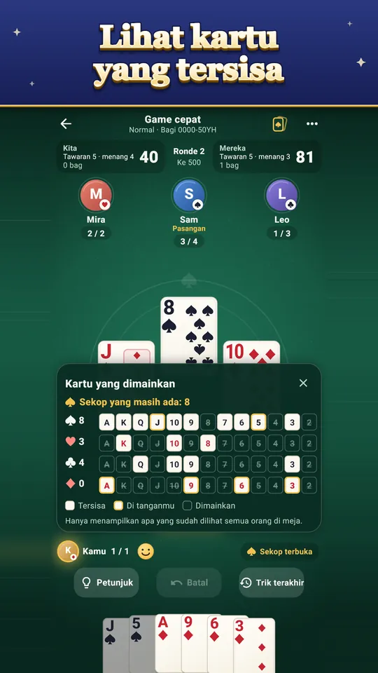 Lihat kartu yang tersisa – Hanya yang sudah dilihat seluruh meja