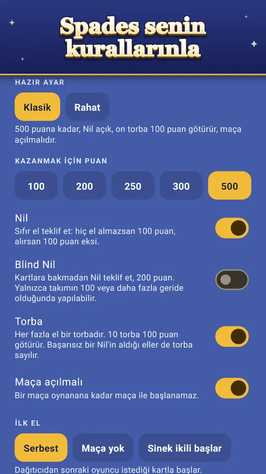 Spades senin kurallarınla – Nil, torba, joker ve daha fazla kural