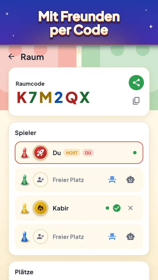 Mit Freunden per Code – 2 bis 4 Spieler, Computer füllen freie Plätze