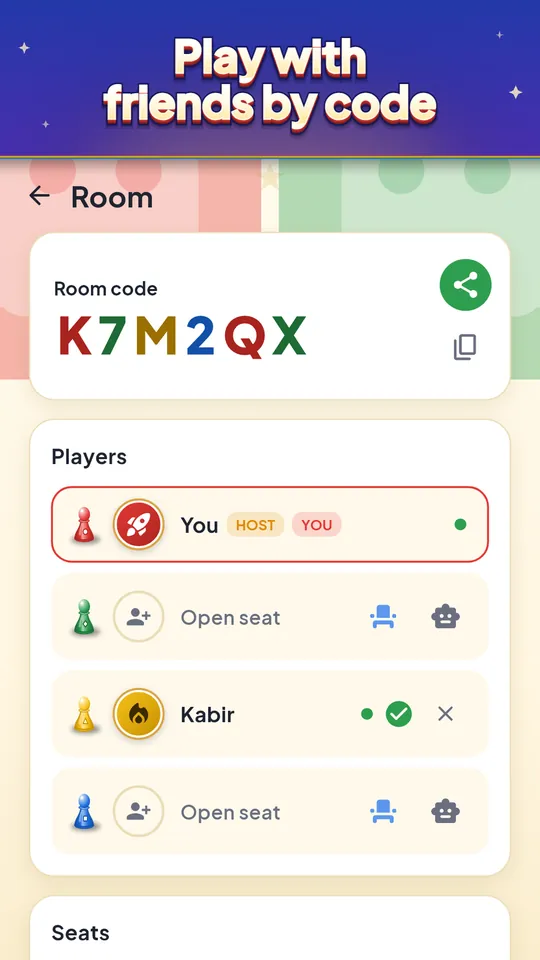 Play with friends by code – 2 to 4 players, computers fill empty seats