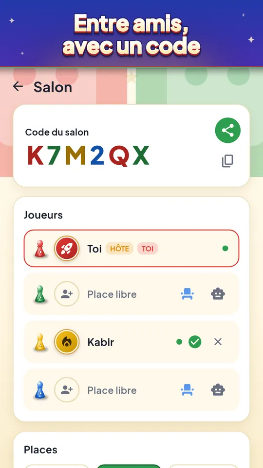 Entre amis, avec un code – 2 à 4 joueurs, l'ordinateur comble les places vides