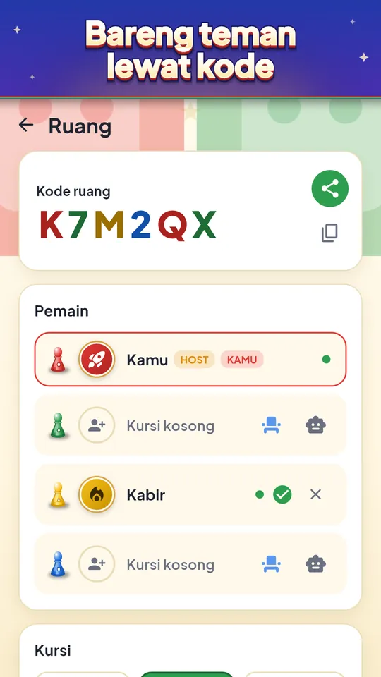 Bareng teman lewat kode – 2 sampai 4 pemain, komputer isi kursi kosong