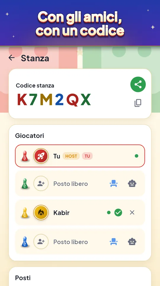 Con gli amici, con un codice – Da 2 a 4 giocatori, il computer riempie i posti