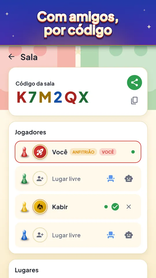 Com amigos, por código – 2 a 4 jogadores, o computador ocupa as vagas livres