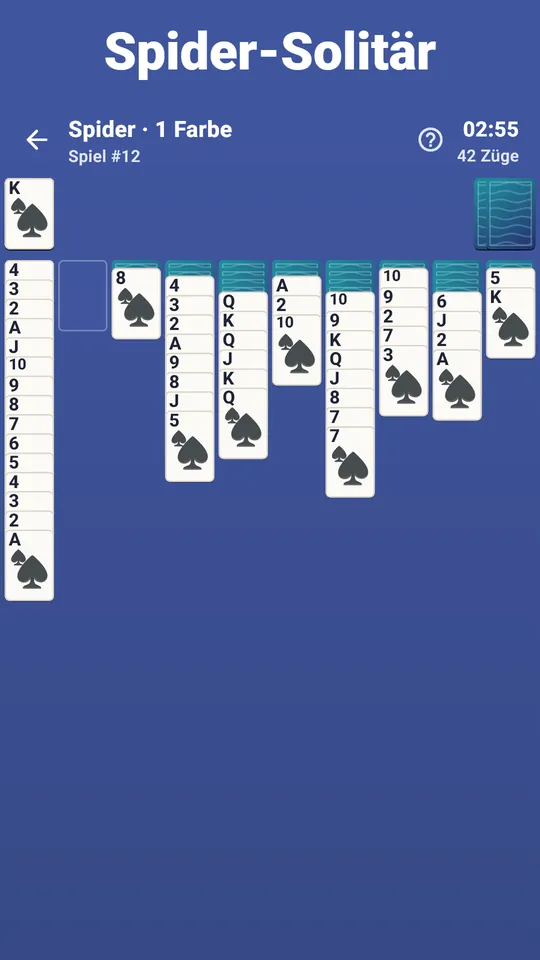 FreeCell Solitär – Alle Karten offen. Vier freie Zellen zum Planen