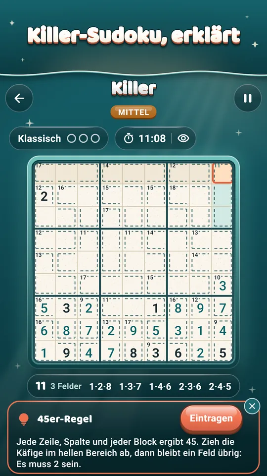 Killer-Sudoku, erklärt – Käfigsummen und die 45er-Regel, Schritt für Schritt.