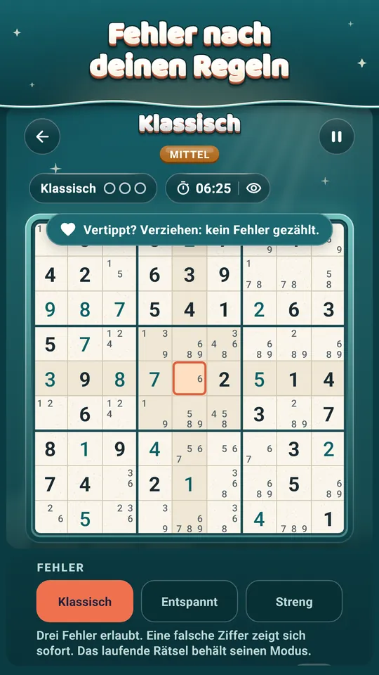Fehler nach deinen Regeln – Entspannt, Klassisch oder Streng. Vertippt? Verziehen.
