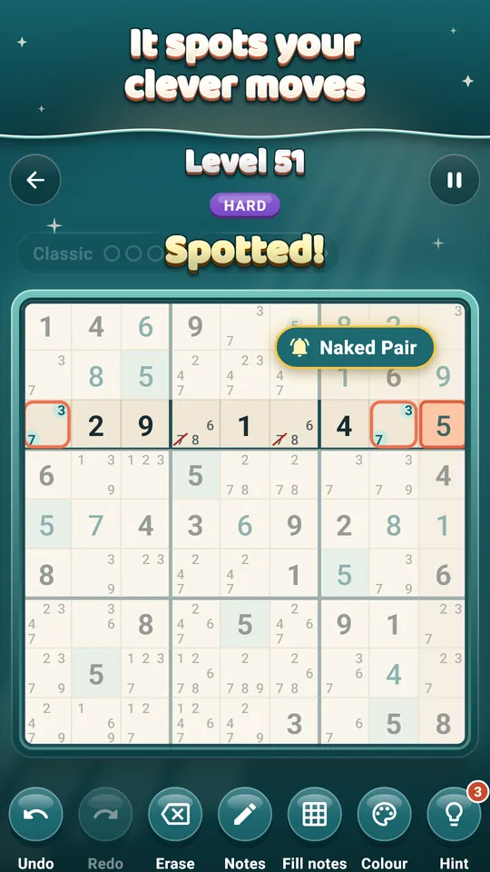 It spots your clever moves – Find a Naked Pair yourself and Tidoku names it.