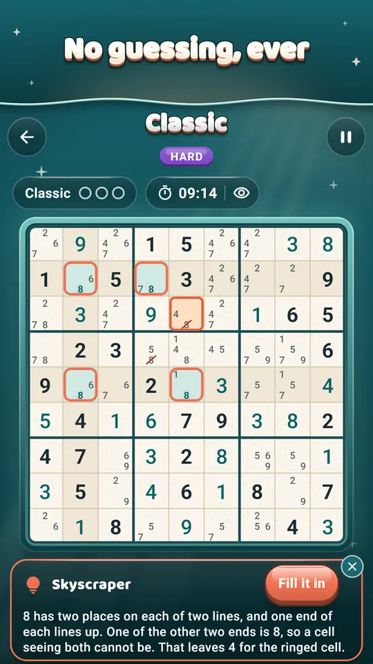 No guessing, ever – Every puzzle solves by logic, Easy to Extreme.