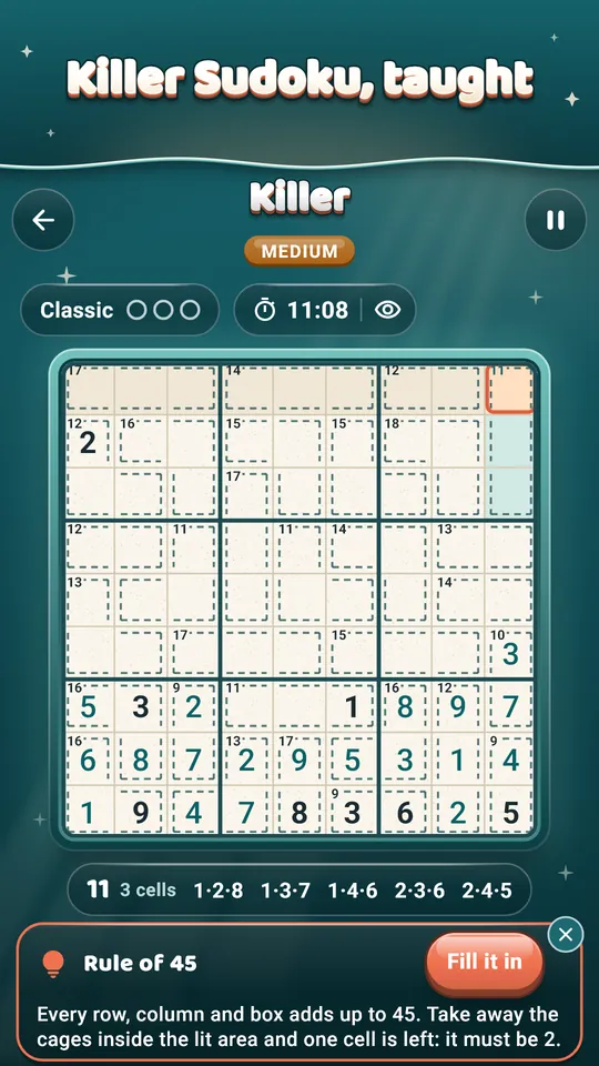 Killer Sudoku, taught – Cage sums and the rule of 45, step by step.
