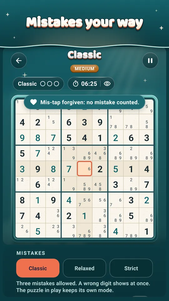 Mistakes your way – Relaxed, Classic or Strict. A quick mis-tap is forgiven.