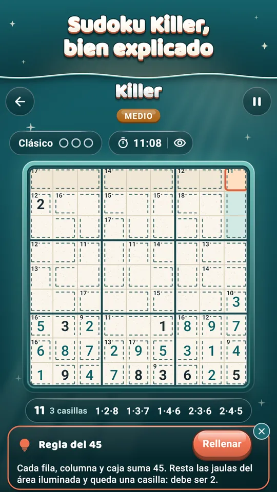 Sudoku Killer, bien explicado – Sumas de jaulas y la regla del 45, paso a paso.