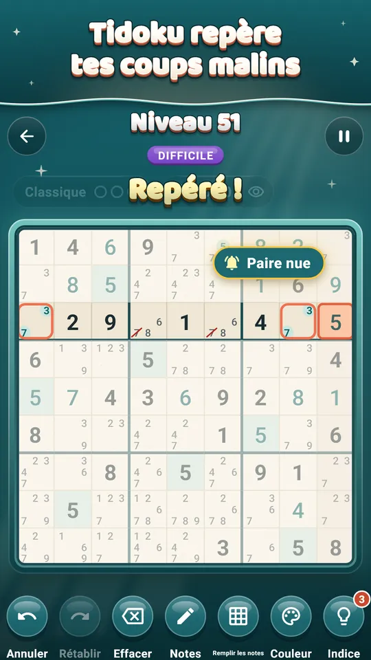Tidoku repère tes coups malins – Trouve seul une Paire nue et Tidoku la nomme.