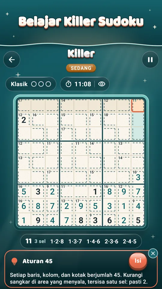 Belajar Killer Sudoku – Jumlah sangkar dan Aturan 45, langkah demi langkah.