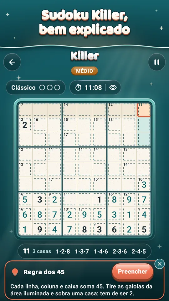Sudoku Killer, bem explicado – Somas das gaiolas e a Regra dos 45, passo a passo.