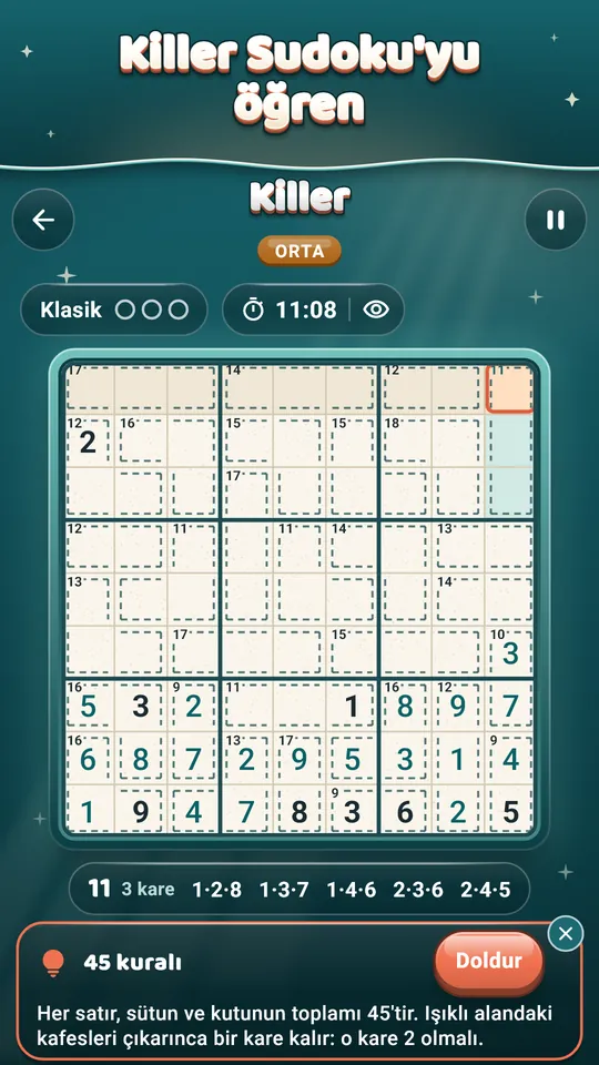 Killer Sudoku'yu öğren – Kafes toplamları ve 45 kuralı, adım adım.