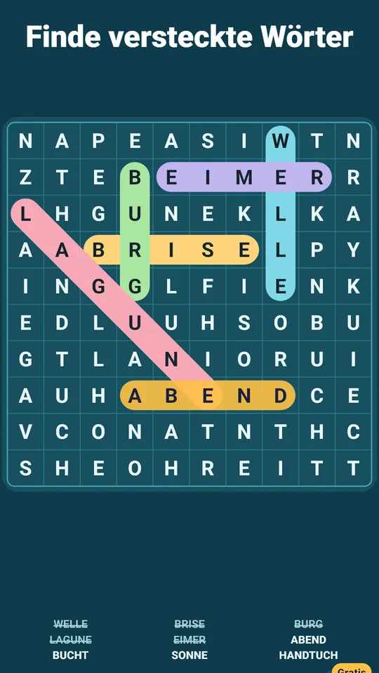Wort ziehen, Band einrasten – Über die Buchstaben ziehen, das Wort rastet ein