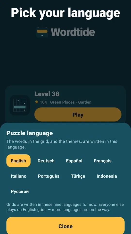Nine languages to play in – Words written natively, not translated