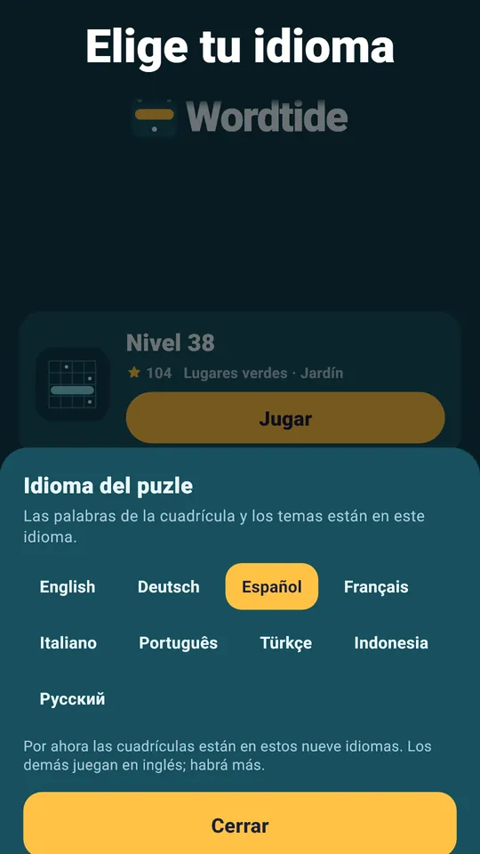 Nueve idiomas para jugar – Palabras escritas en cada idioma, no traducidas