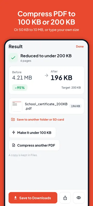 Reduce PDF size screen in PDF Maker: a 4.21 MB, 6-page PDF with 200 KB chosen and the Best fit option selected