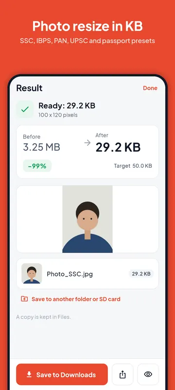 Photo to KB result in PDF Maker: an exam photo made 29.2 KB at 100 × 120 pixels